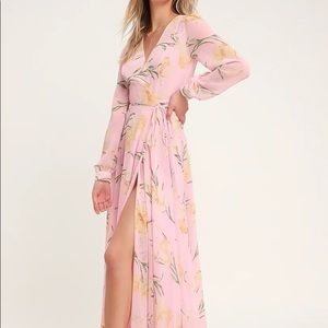 Pink Floral Long Sleeve Wrap Maxi Dress